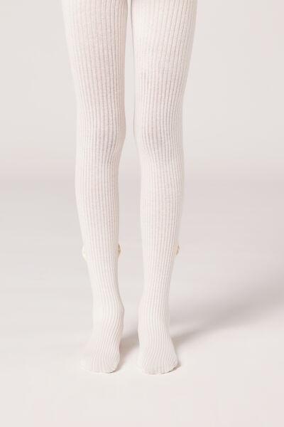 Cream Narrow Rib Cotton Tights, Kids Girl, , large image number 1