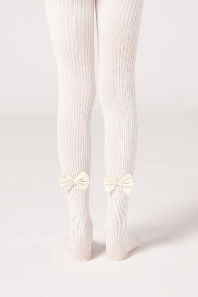 Cream Narrow Rib Cotton Tights, Kids Girl, , large image number 2