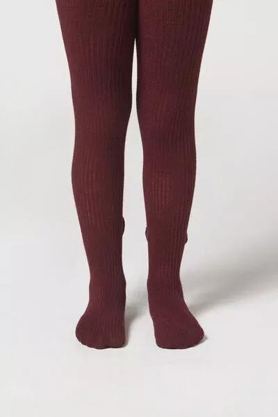 Narrow Ribbed Bow-Detail Tights, Burgundy, Kids Girls, 5501_5426, large image number 0