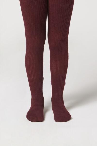 Narrow Ribbed Tights, Burgundy, Kids Girls, , large image number 1