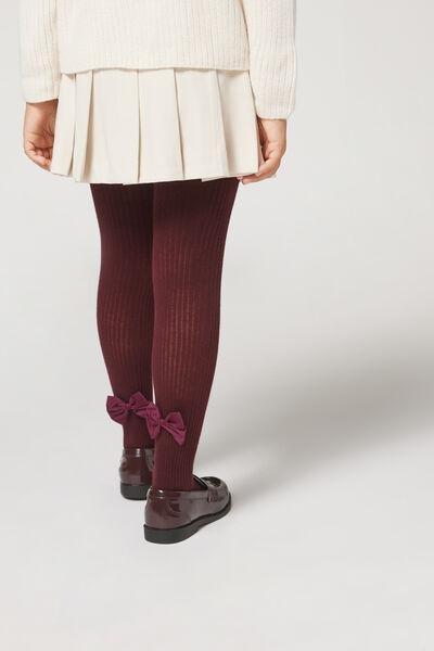Narrow Ribbed Bow-Detail Tights, Burgundy, Kids Girls, 5501_5426, large image number 1