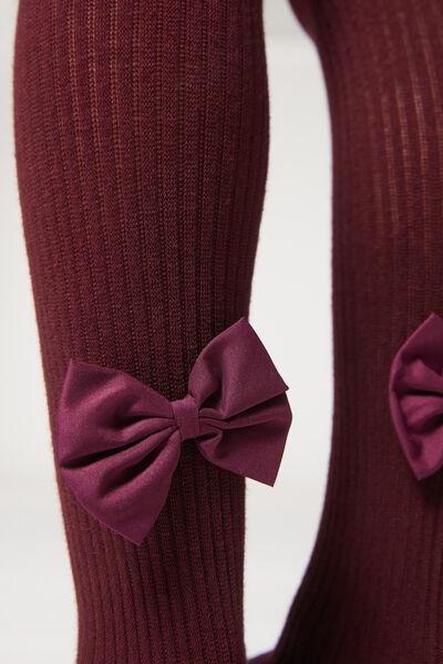 Narrow Ribbed Bow-Detail Tights, Burgundy, Kids Girls, 5501_5426, large image number 3