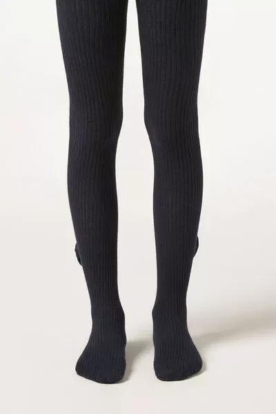 Narrow Ribbed Bow-Detail Tights, Navy, Kids Girls, 5501_5508, large image number 0