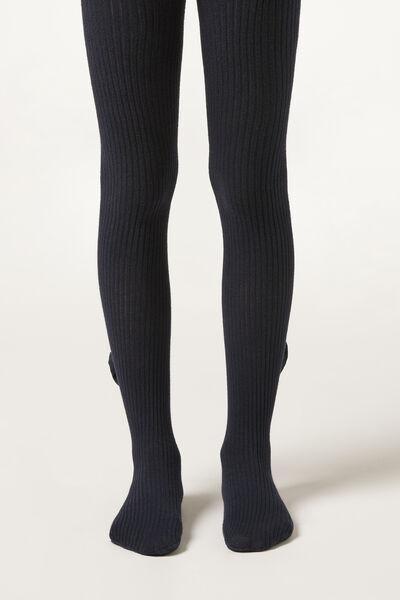 Navy Narrow Rib Cotton Tights, Kids Girls, 5501_5508, large image number 1