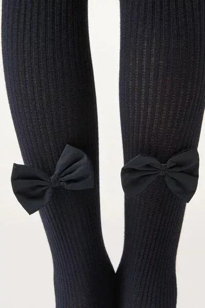 Narrow Ribbed Bow-Detail Tights, Navy, Kids Girls, 5501_5508, large image number 3