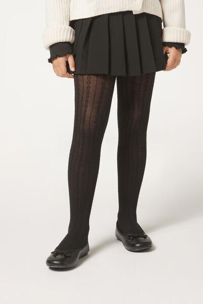 Black Cable Pattern Tights, Kids Girls, , medium
