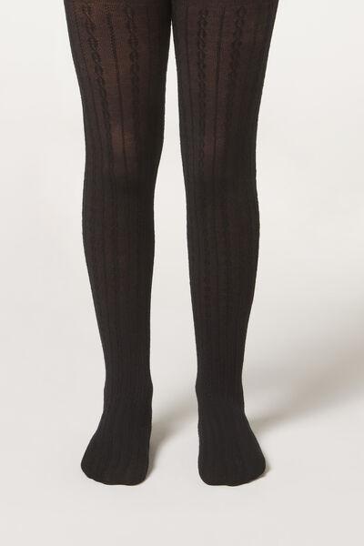 Black Cable Pattern Tights, Kids Girls, , large image number 1