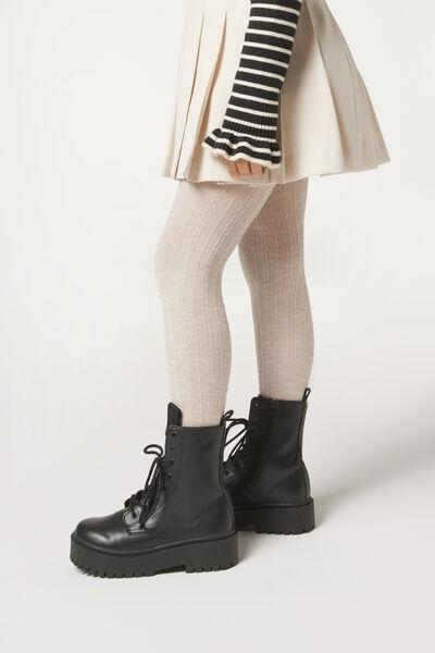 Beige Cable Pattern Tights, Kids Girls, , medium