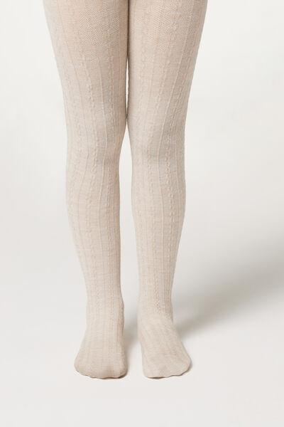 Beige Cable Pattern Tights, Kids Girls, , large image number 1