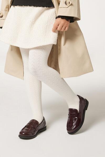 Cream Cable Pattern Thermal Tights, Kids Girl, , large image number 0