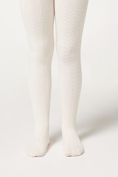 Cream Cable Pattern Thermal Tights, Kids Girl, , large image number 1