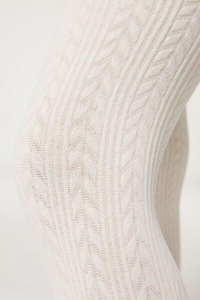 Cream Cable Pattern Thermal Tights, Kids Girl, 5501_5429, large image number 3