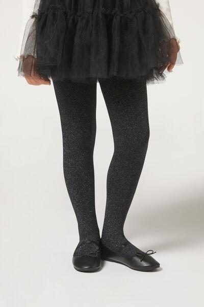 Black Glitter Thermal Tights, Kids Girls, , medium