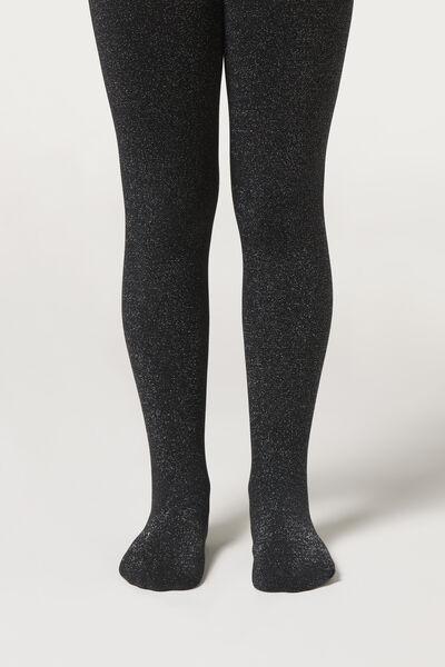 Black Glitter Thermal Tights, Kids Girls, , large image number 1