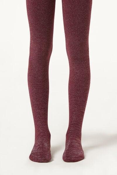 Burgundy Glitter Detail Thermal Tights, Kids Girls, 5501_5523, large image number 0