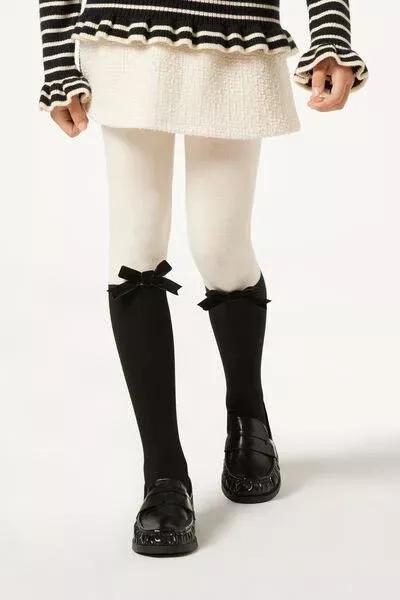 Longuette-Effect Cotton Tights, Black / White, Kids Girls, 5501_5509, large image number 1