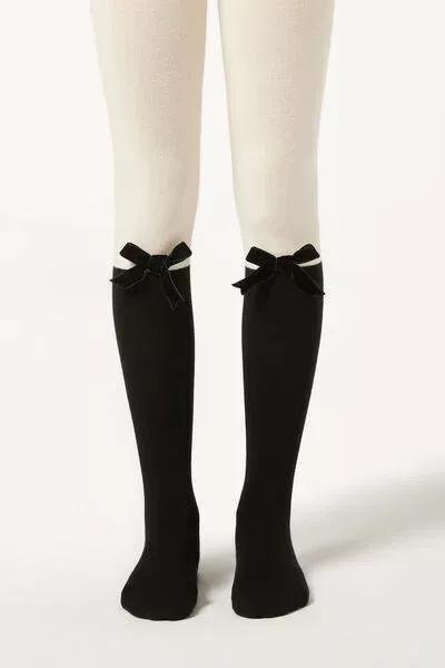 Longuette-Effect Cotton Tights, Black / White, Kids Girls, 5501_5509, large image number 3