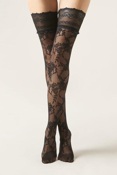 Black Lace Effect Lace Effect Hold-Ups, , large image number 1