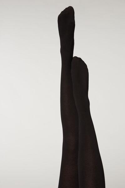 Narrow Ribbed Pattern Tights, Black, , large image number 0