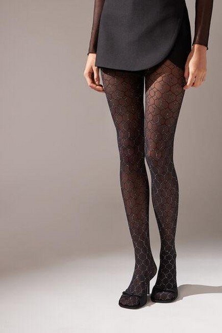 Calzedonia Glitter Diamond-Patterned Tulle Tights, Black