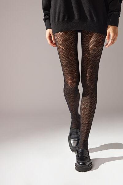 Openwork Diamond-Patterned Cashmere Tights, Black, , large image number 0
