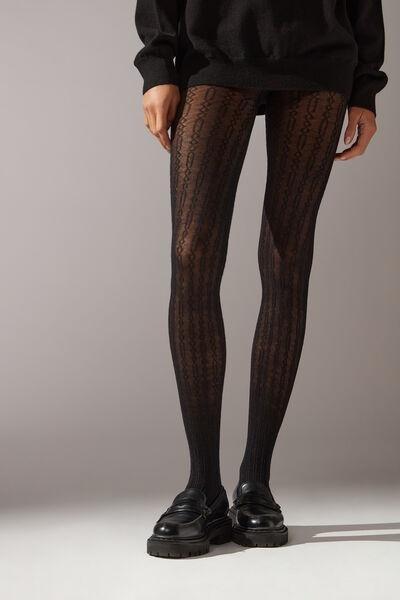 Black Yarn Cashmere Cable-Patterned Cashmere Tights, , large image number 0