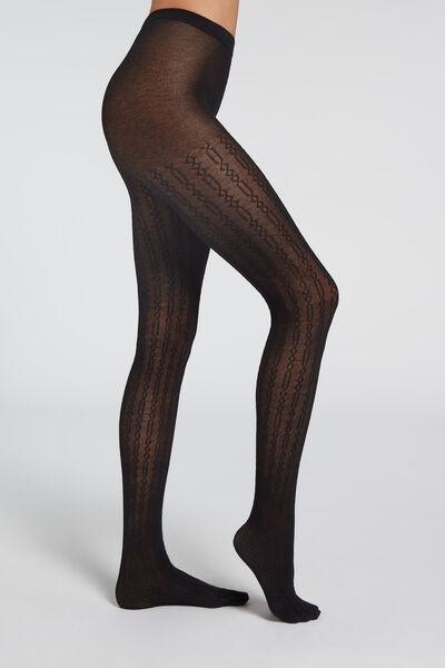 Black Yarn Cashmere Cable-Patterned Cashmere Tights, , large image number 1