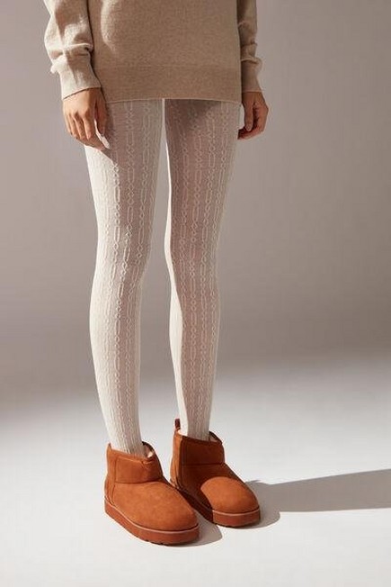Calzedonia Cream Yarn Cashmere Cable-Patterned Cashmere Tights