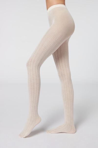 Cream Yarn Cashmere Cable-Patterned Cashmere Tights, , large image number 1