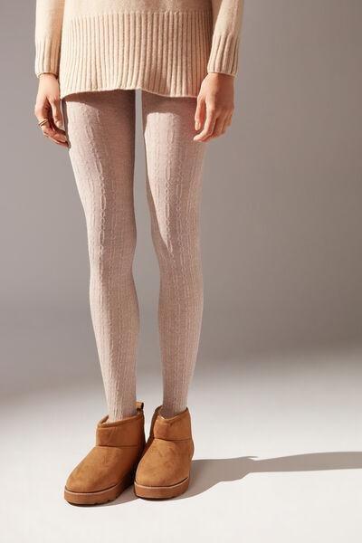 Blend Yarn Cable-Patterned Cashmere Tights, Natural, , large image number 0