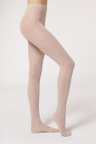 Blend Yarn Cable-Patterned Cashmere Tights, Natural, , large image number 1