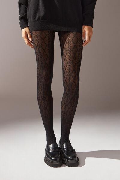 Diamond Cable-Patterned Cashmere Tights, Black, , large image number 0