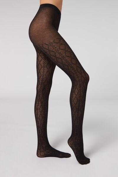 Diamond Cable-Patterned Cashmere Tights, Black, , large image number 1