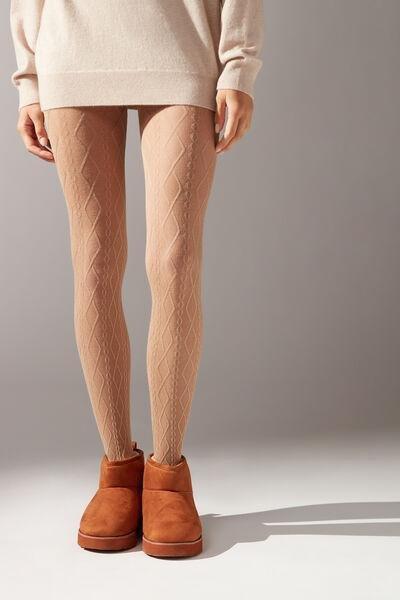 Diamond Braids Cable-Patterned Cashmere Tights, Brown, , large image number 0