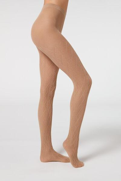 Diamond Braids Cable-Patterned Cashmere Tights, Brown, , large image number 1
