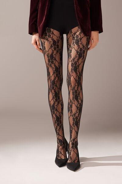 PIZZO NERO Floral Lace Fabric Tights, 5501_829C, large image number 0