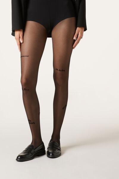 30 Denier Sheer Tattoo-Effect Wording Tights, Black, , large image number 0