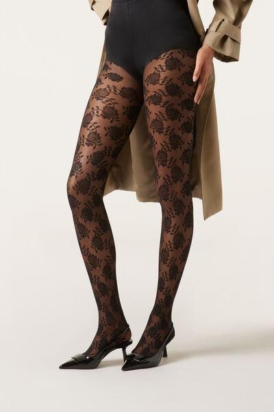 Black Floral Sheer Tulle Tights, , medium