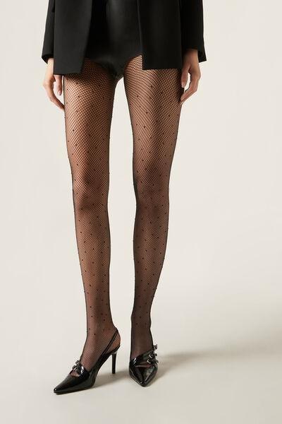 Fishnet Rhinestone Applique Tights, Black, , large image number 0