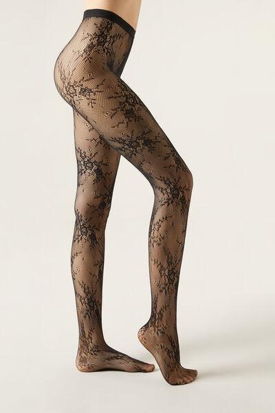 Fishnet Floral Tights, Black, Black Fishnet Flowers, large image number 1