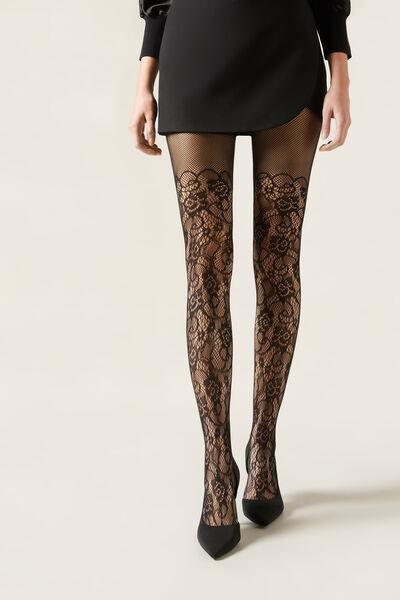 Floral Longuette Tights , 019 - Black, Black, medium