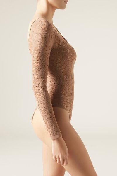 Beige Lace Openwork Bodysuit, , large image number 1