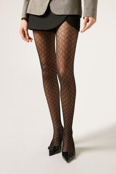 30 Denier Diamond-Patterned Tights, Black, 5501_5293, large image number 0