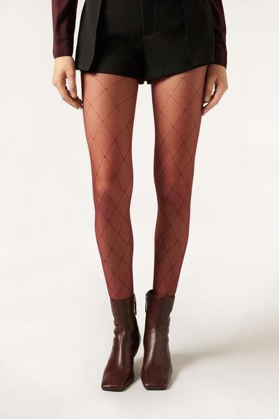 50 Denier Diamond-Patterned Tights, Burgundy, 5501_5478, large image number 0