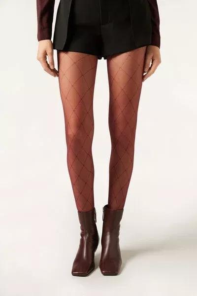 50 Denier Diamond-Patterned Tights, Burgundy, 5501_5478, medium