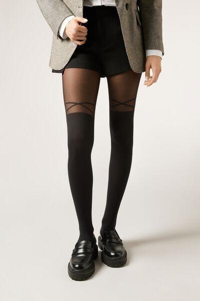 70 Denier Criss-Cross Longuette-Effect Tights, Black, Black, large image number 0