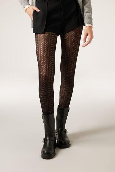 Openwork Pattern Chevron Cashmere Tights, Black, 5501_5489, large image number 1