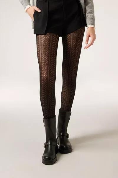 Openwork Pattern Chevron Cashmere Tights, Black, 5501_5489, large image number 2