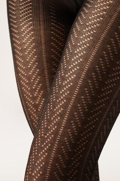 Openwork Pattern Chevron Cashmere Tights, Black, 5501_5489, large image number 3