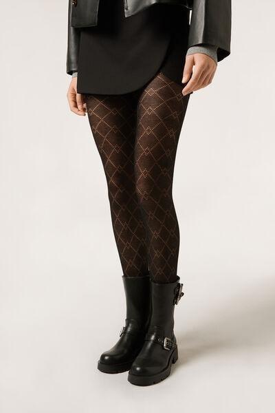 Diamond-Patterned Cashmere Tights, Black, 5501_5400, large image number 0